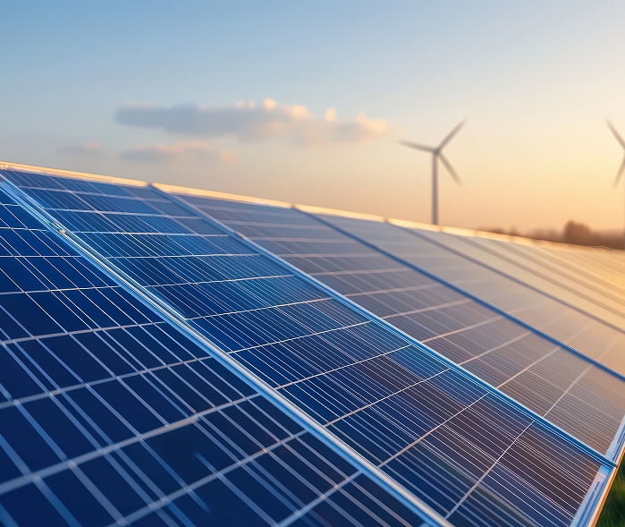 Panneaux solaires bleus reflétant un coucher de soleil, avec des éoliennes floues en arrière-plan sous un ciel clair. Énergie verte.