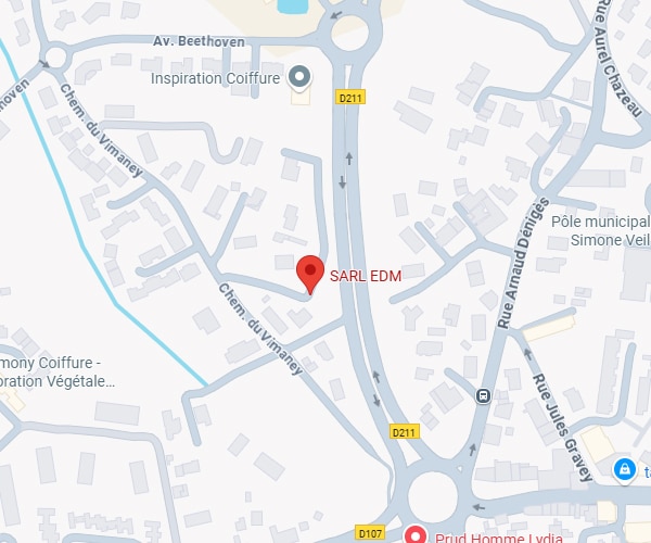 Plan détaillé localisant SARL EDM sur Chem. du Vimaney et D211. Av. Beethoven, Rue Arnaud Denigès et Pôle Simone Veil visibles.