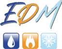 Logo EDM stylisé en bleu, orange et bleu clair. Trois icônes brillantes dessous : goutte d'eau bleue, flamme orange, flocon de neige bleu clair, symbolisant eau, chauffage et froid.
